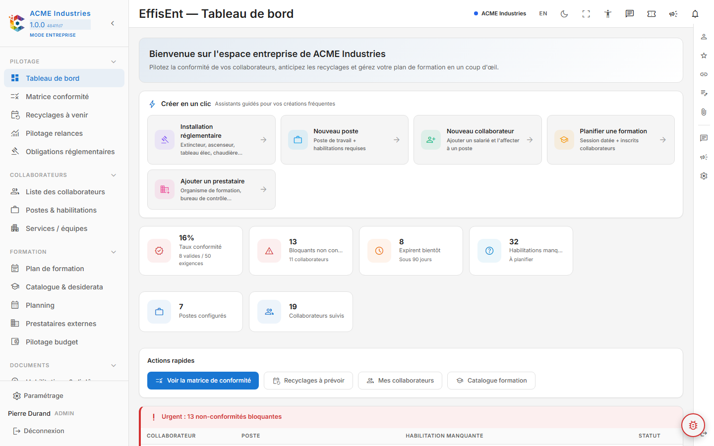 Dashboard entreprise avec wizards